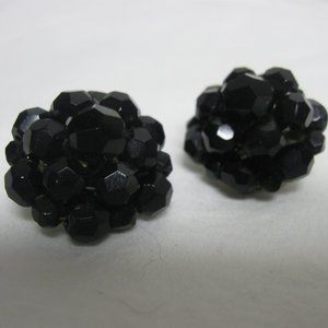 Vintage Schrager Jonne' Jet Black Glass Faceted Cluster Earrings Clip RARE